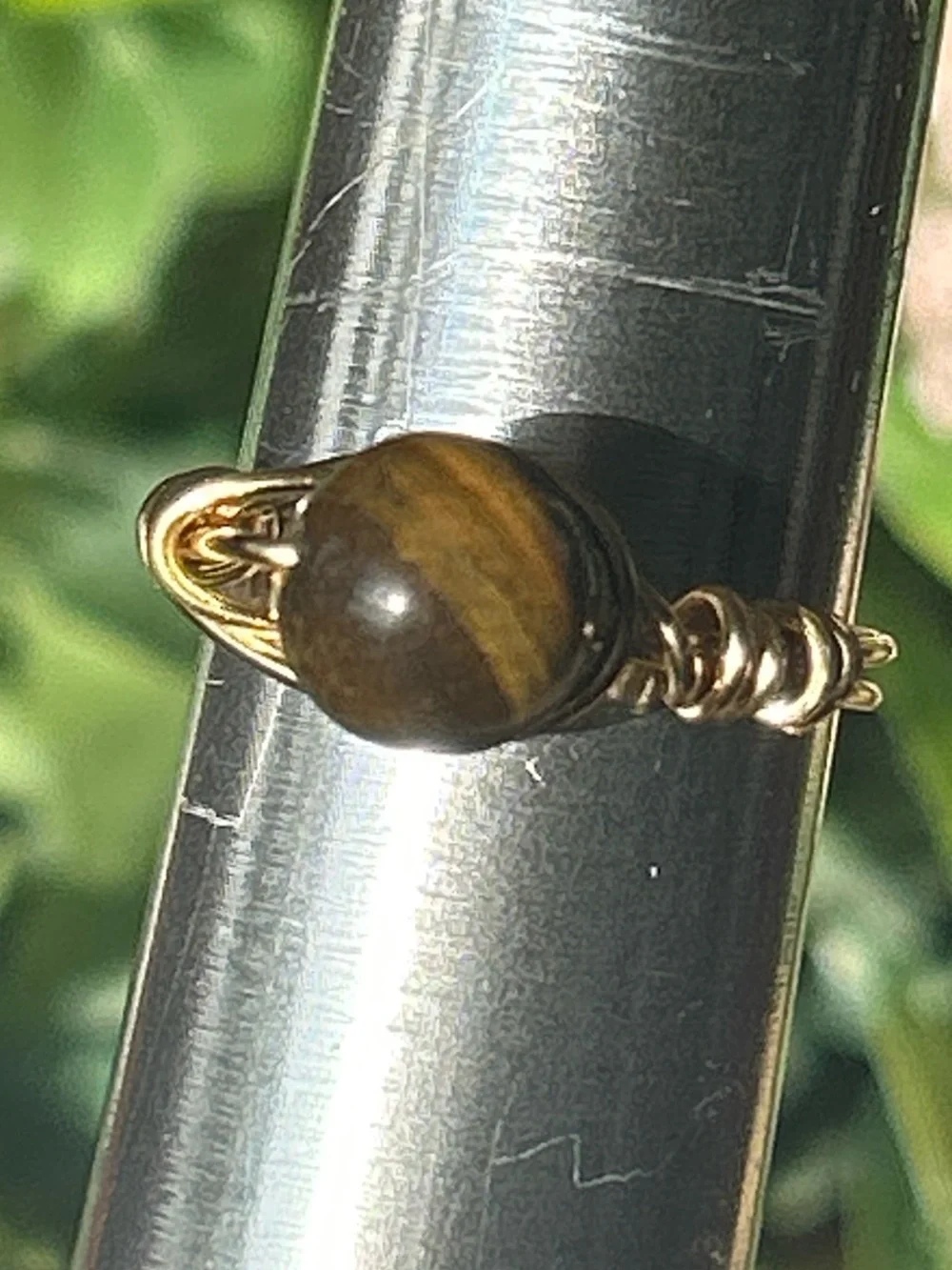 Handmade tigers eye wire wrapped crystal ring - size 8